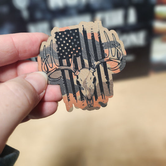 Patriotic Deer Skull (Orange Camo) Engraved Leatherette Hat Patch - MR01 - LoneStar Adhesive