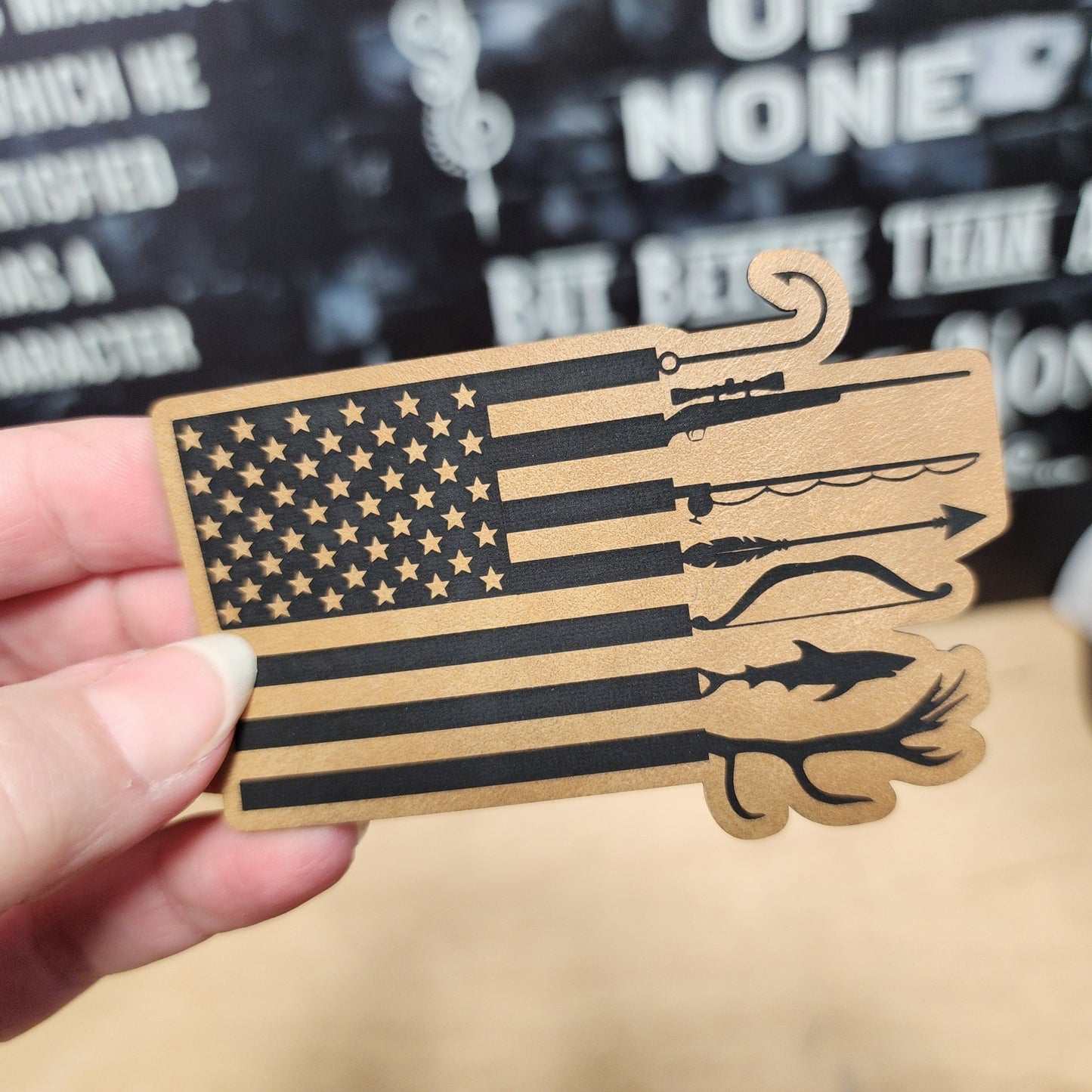 Patriotic Fishing Flag (Saddle Tan) Engraved Leatherette Hat Patch - MR01 - LoneStar Adhesive