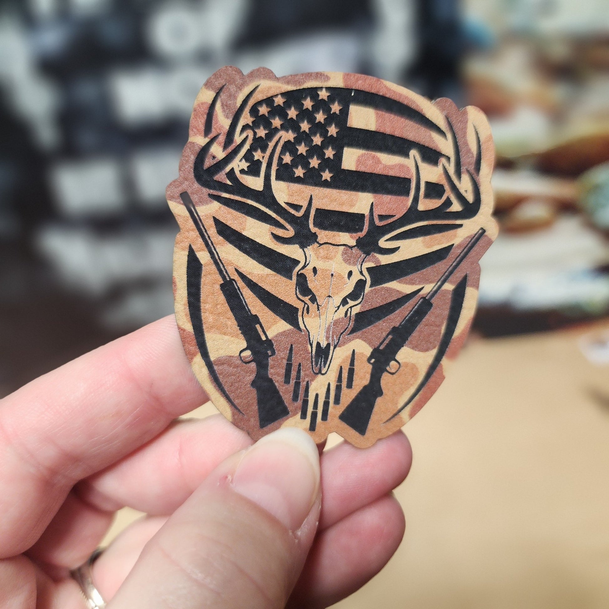 Patriotic Hunter's Skull (Drake Camo) Engraved Leatherette Hat Patch - MR01 - LoneStar Adhesive