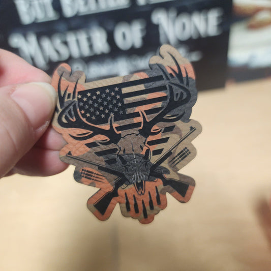 Patriotic Hunter's Skull Engraved Leatherette Hat Patch - MR01 - LoneStar Adhesive
