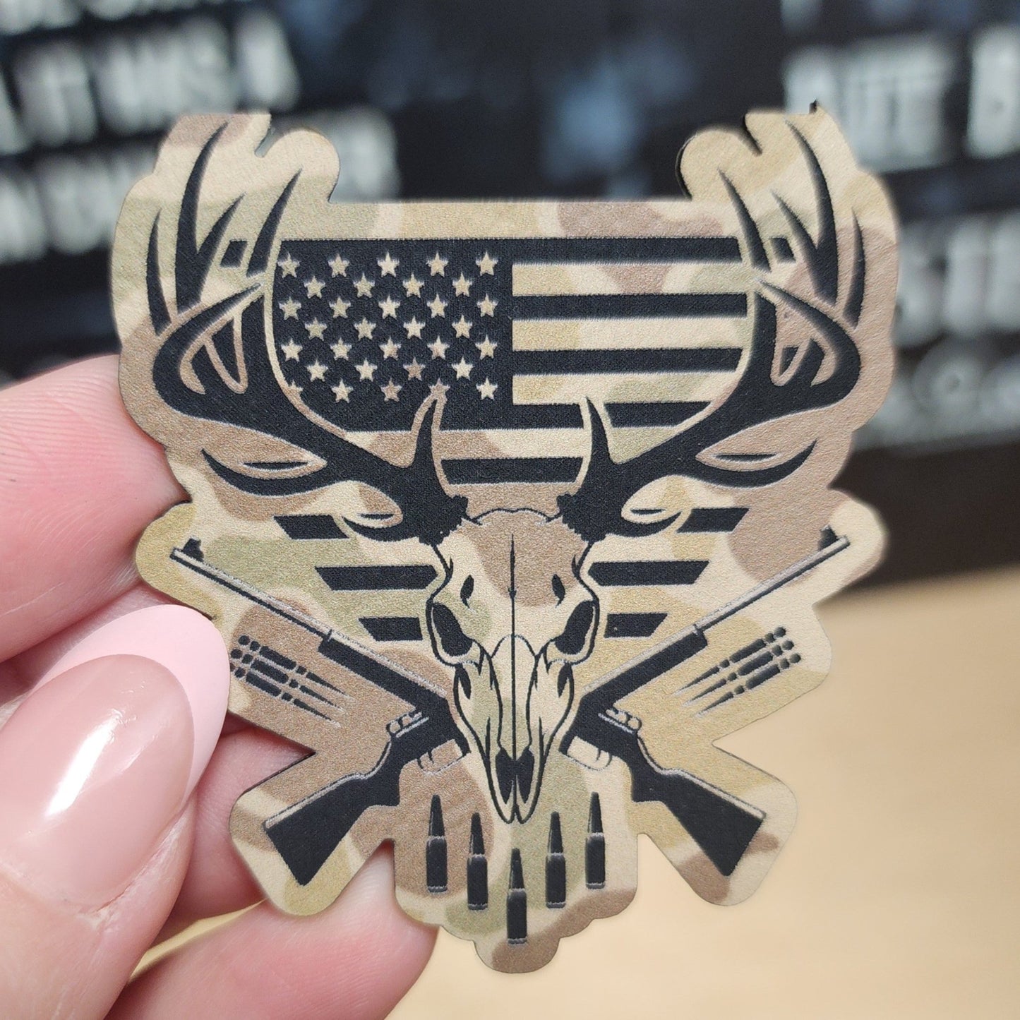 Patriotic Hunter's Skull Engraved Leatherette Hat Patch - MR01 - LoneStar Adhesive