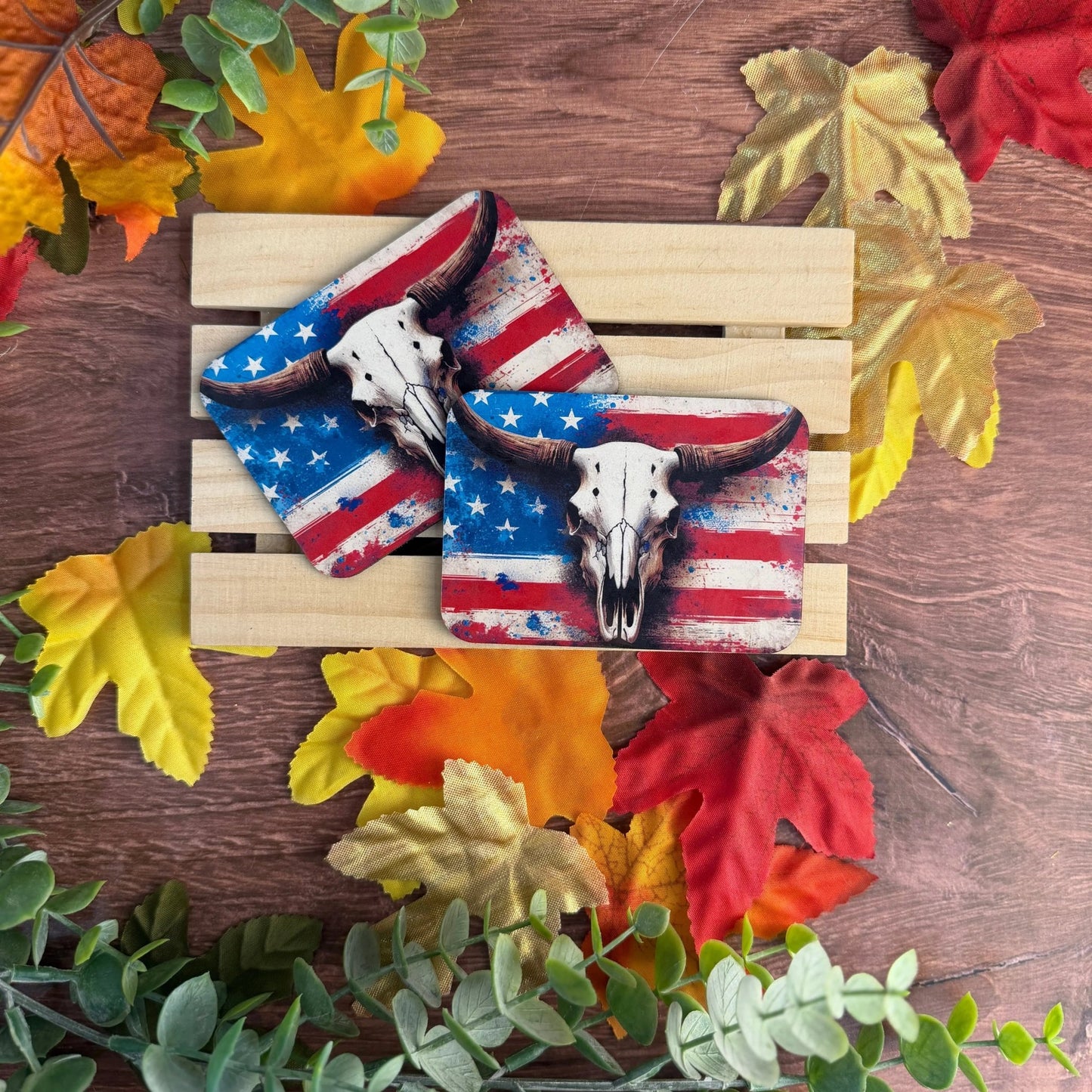 Patriotic Longhorn Flag | USA | UV Printed Leather Hat Patch - LoneStar Adhesive