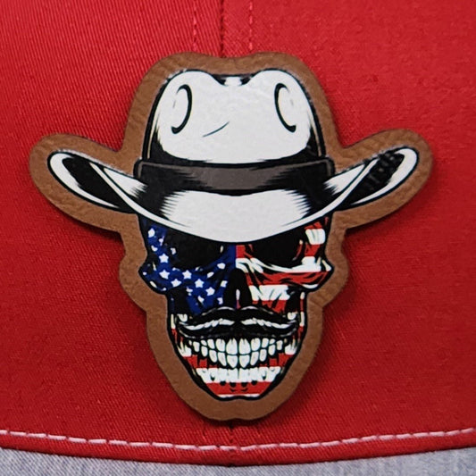 Patriotic Skull Cowboy Design UV Printed Leatherette Hat Patch - MR01 - LoneStar Adhesive