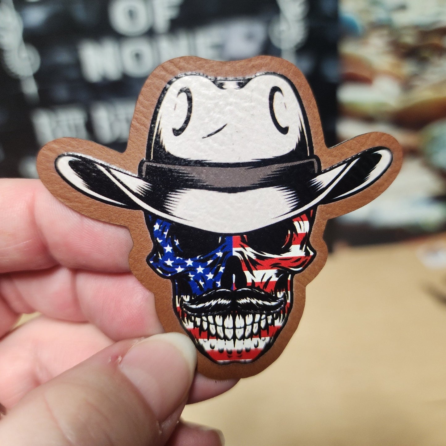 Patriotic Skull UV Printed Leatherette Hat Patch - MR01 - LoneStar Adhesive