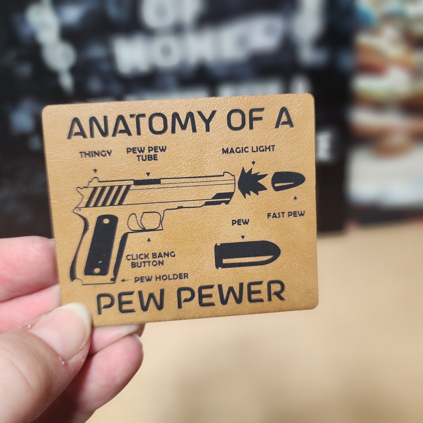 Pew Pew Anatomy Guide (Saddle Tan) Engraved Leatherette Hat Patch - MR01 - LoneStar Adhesive