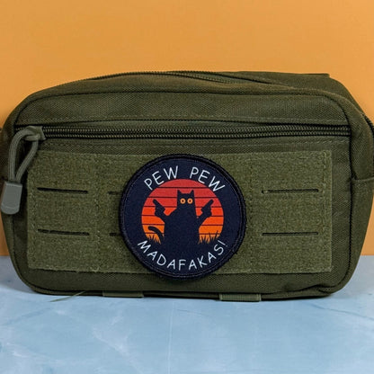 Pew Pew Madafakas Funny Cat Morale Patch, 3" Round | Made in USA | VELCRO® Brand Hook Backing - LoneStar Adhesive
