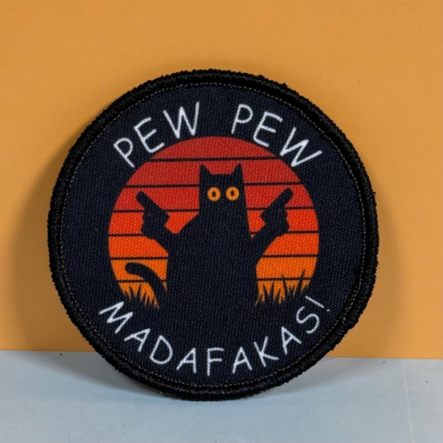 Pew Pew Madafakas Funny Cat Morale Patch, 3" Round | Made in USA | VELCRO® Brand Hook Backing - LoneStar Adhesive
