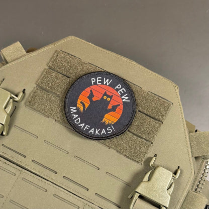 Pew Pew Madafakas Funny Cat Morale Patch, 3" Round | Made in USA | VELCRO® Brand Hook Backing - LoneStar Adhesive