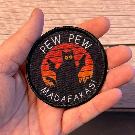 Pew Pew Madafakas Funny Cat Morale Patch, 3" Round | Made in USA | VELCRO® Brand Hook Backing - LoneStar Adhesive