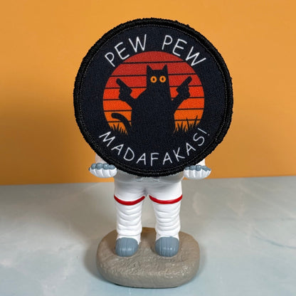 Pew Pew Madafakas Funny Cat Morale Patch, 3" Round | Made in USA | VELCRO® Brand Hook Backing - LoneStar Adhesive