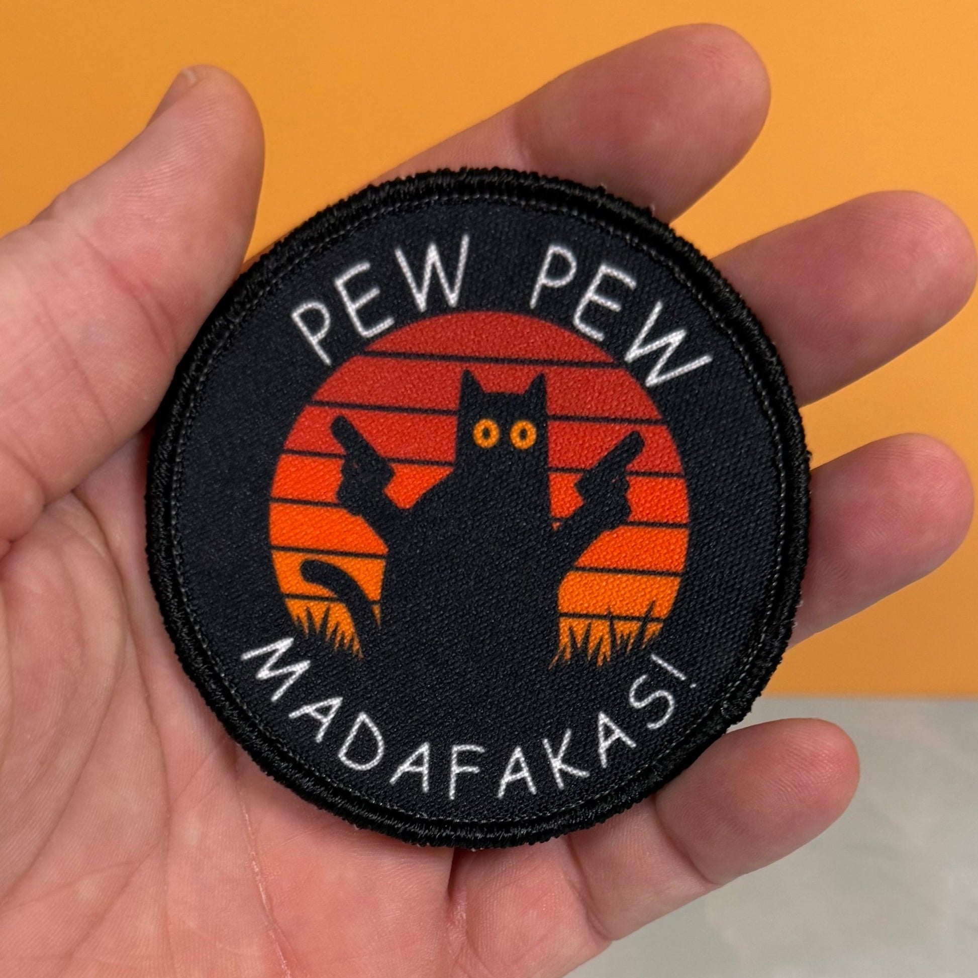 Pew Pew Madafakas Funny Cat Morale Patch, 3" Round | Made in USA | VELCRO® Brand Hook Backing - LoneStar Adhesive