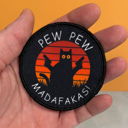 Pew Pew Madafakas Funny Cat Morale Patch, 3" Round | Made in USA | VELCRO® Brand Hook Backing - LoneStar Adhesive