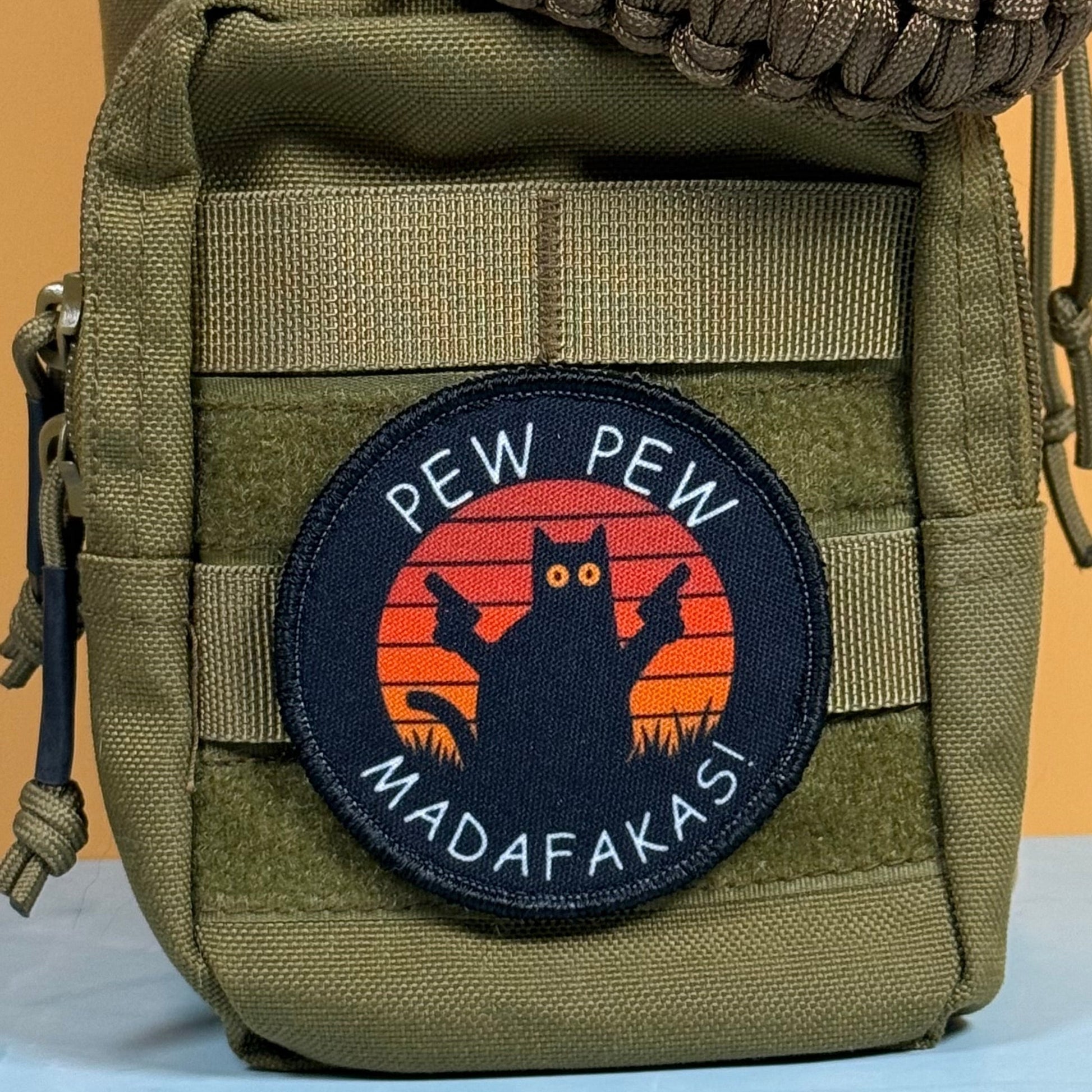 Pew Pew Madafakas Funny Cat Morale Patch, 3" Round | Made in USA | VELCRO® Brand Hook Backing - LoneStar Adhesive