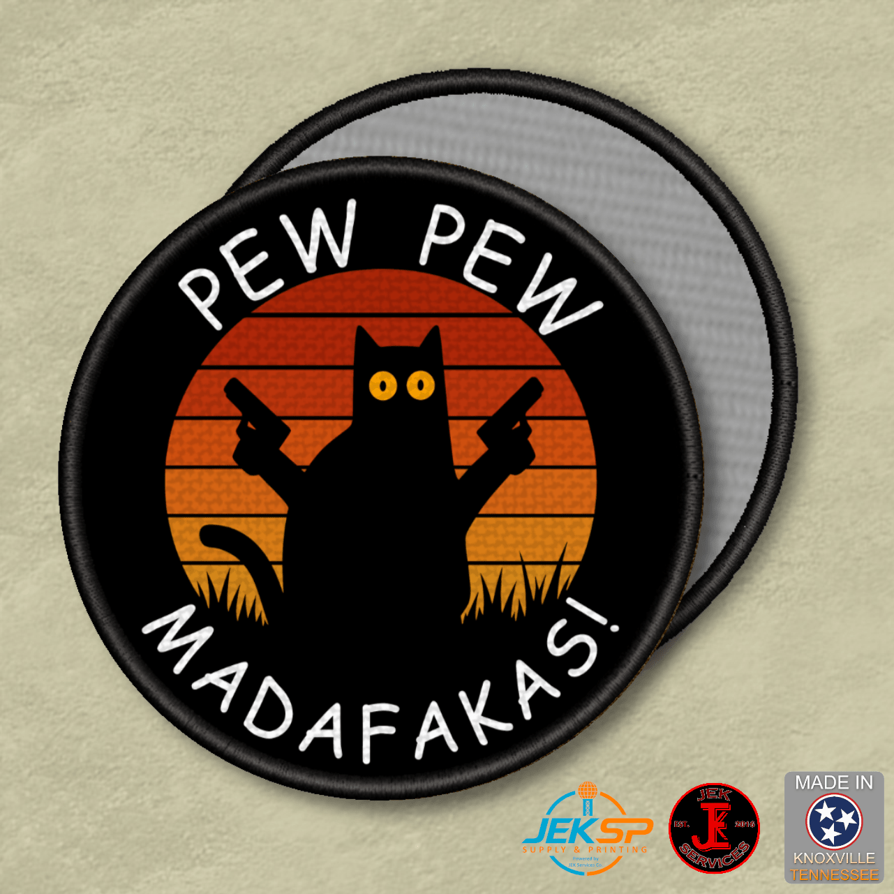 Pew Pew Madafakas Funny Cat Morale Patch | Made in USA | VELCRO® Brand Hook Backing - LoneStar Adhesive