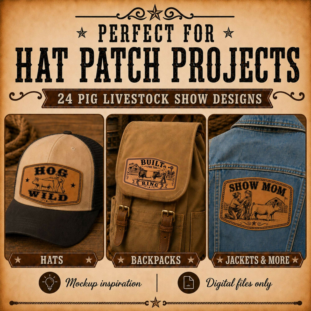 Pig Livestock Show SVG Bundle | 24 Show Pig Hat Patch Designs + Western Font | 4H FFA Laser Files | SVG XS PNG PDF - LoneStar Adhesive