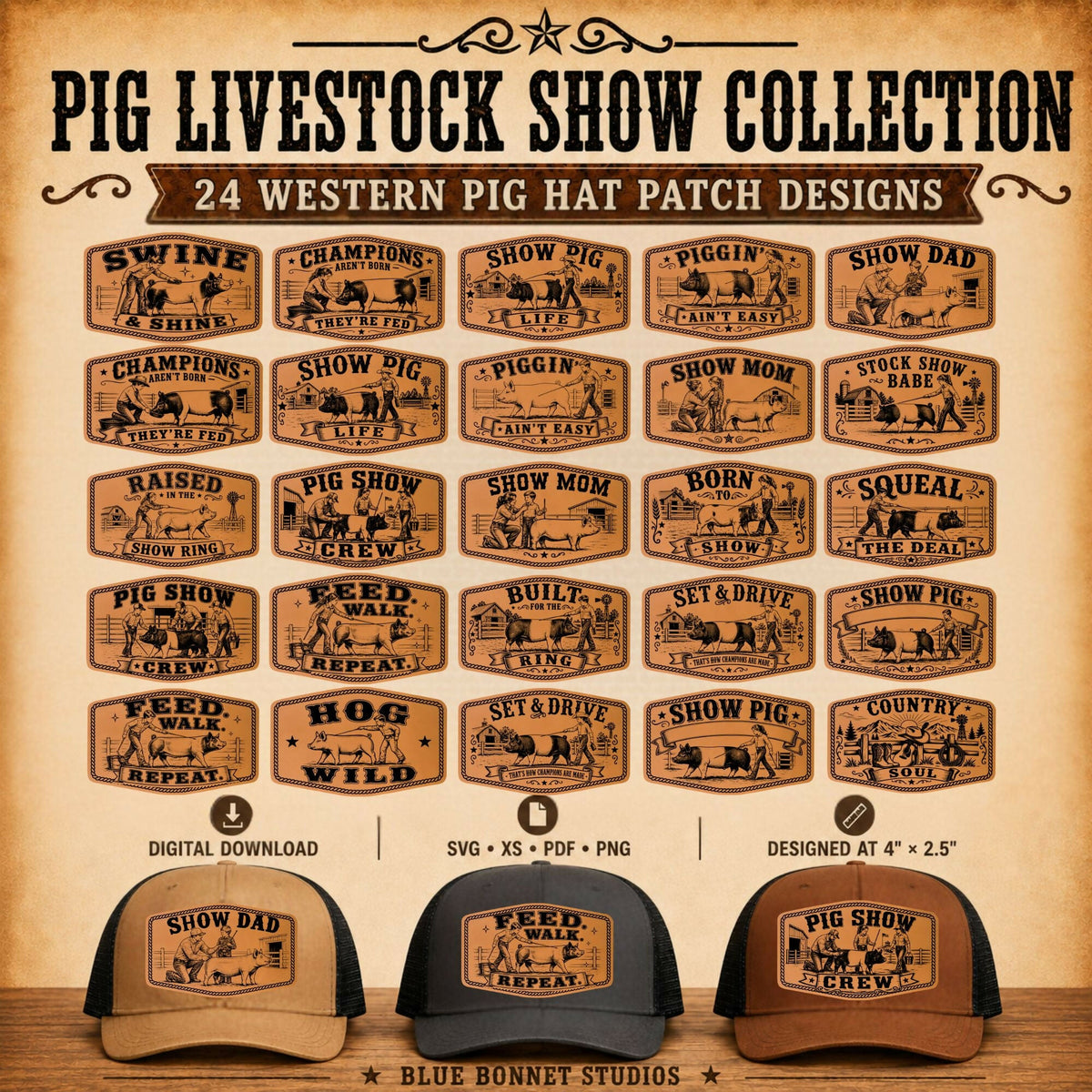 Pig Livestock Show SVG Bundle | 24 Show Pig Hat Patch Designs + Western Font | 4H FFA Laser Files | SVG XS PNG PDF - LoneStar Adhesive