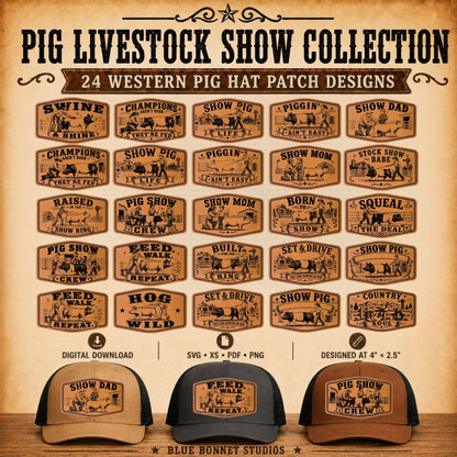 Pig Livestock Show SVG Bundle | 24 Show Pig Hat Patch Designs + Western Font | 4H FFA Laser Files | SVG XS PNG PDF - LoneStar Adhesive