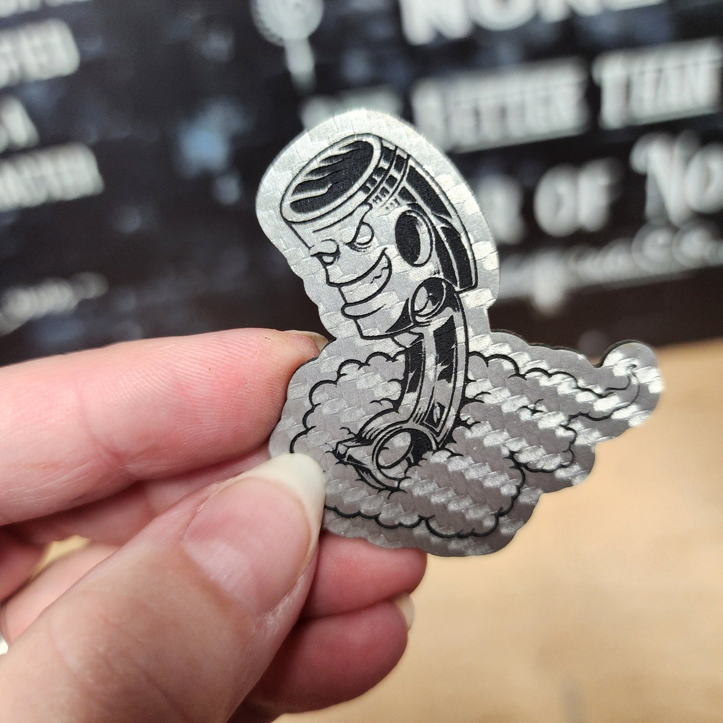 Piston Carbon Fiber Engraved Leatherette Hat Patch - MR01 - LoneStar Adhesive