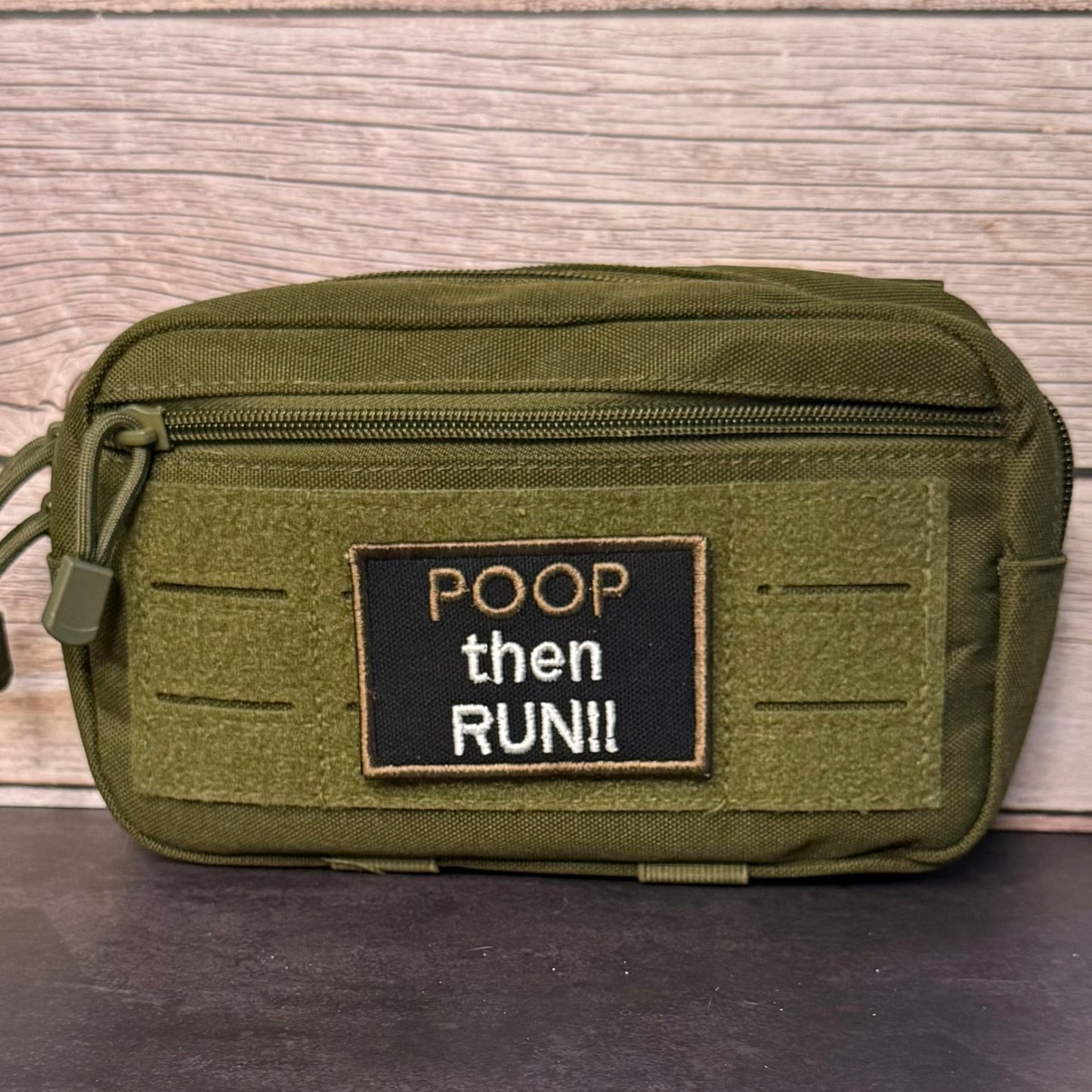 Poop Then Run Funny Morale Patch, 2x3" | Made in USA | VELCRO® Brand Hook Backing - LoneStar Adhesive