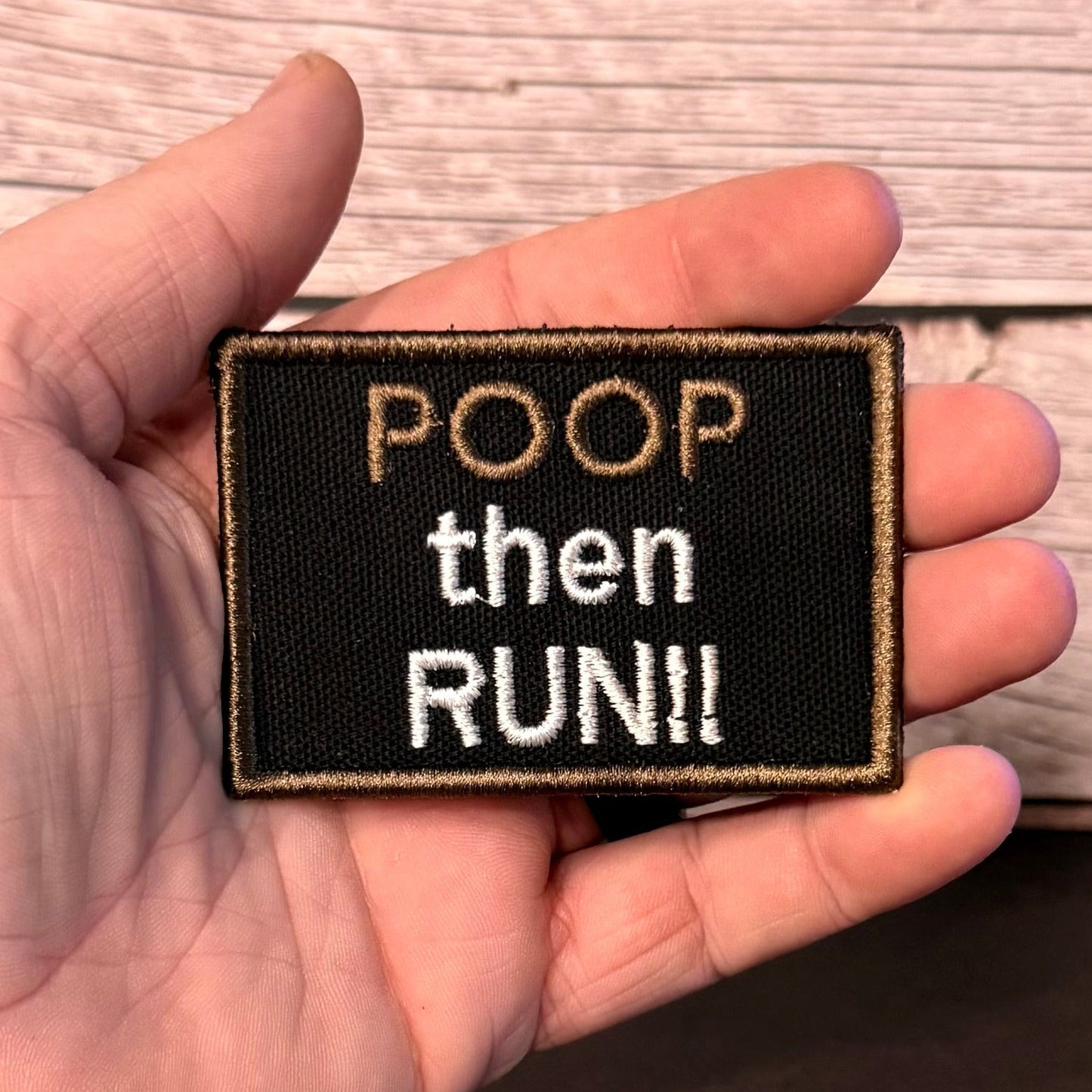 Poop Then Run Funny Morale Patch, 2x3" | Made in USA | VELCRO® Brand Hook Backing - LoneStar Adhesive