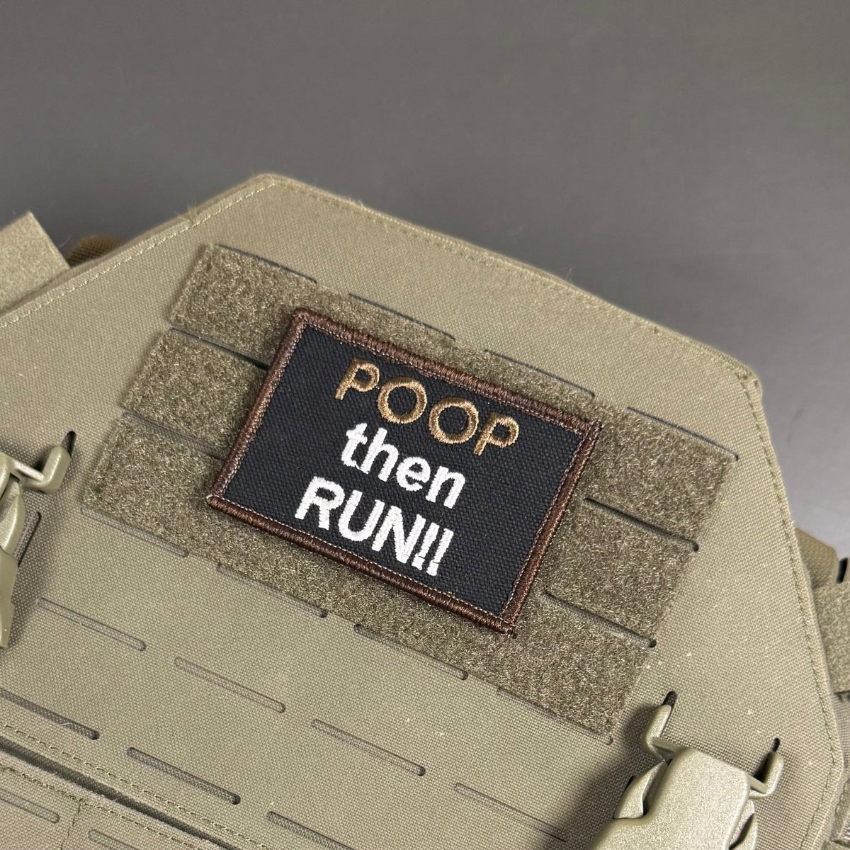 Poop Then Run Funny Morale Patch, 2x3" | Made in USA | VELCRO® Brand Hook Backing - LoneStar Adhesive