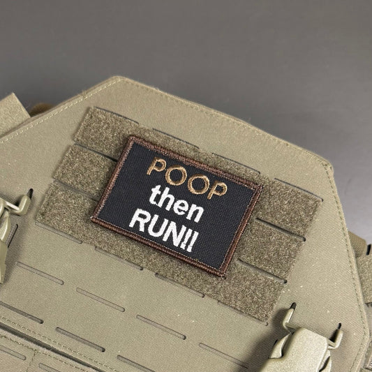 Poop Then Run Funny Morale Patch, 2x3" | Made in USA | VELCRO® Brand Hook Backing - LoneStar Adhesive