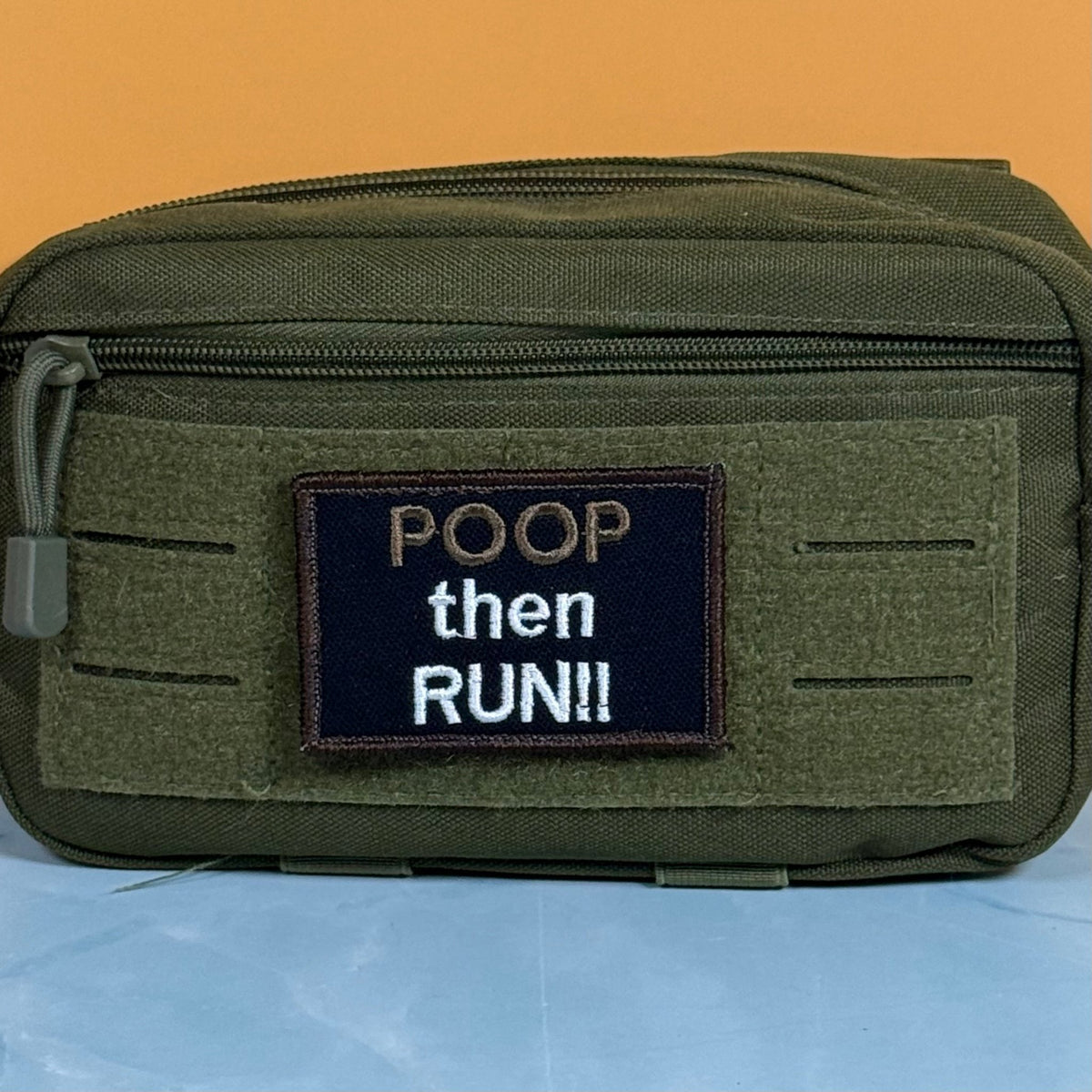 Poop Then Run Funny Morale Patch, 2x3" | Made in USA | VELCRO® Brand Hook Backing - LoneStar Adhesive
