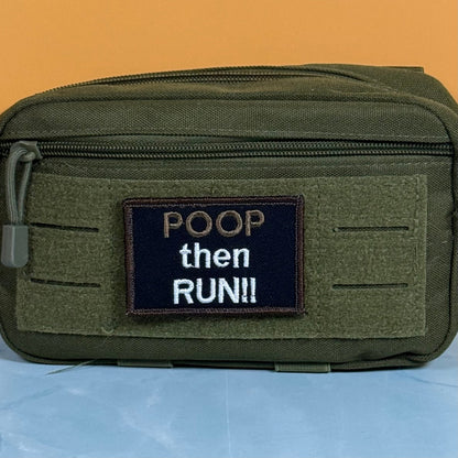 Poop Then Run Funny Morale Patch, 2x3" | Made in USA | VELCRO® Brand Hook Backing - LoneStar Adhesive