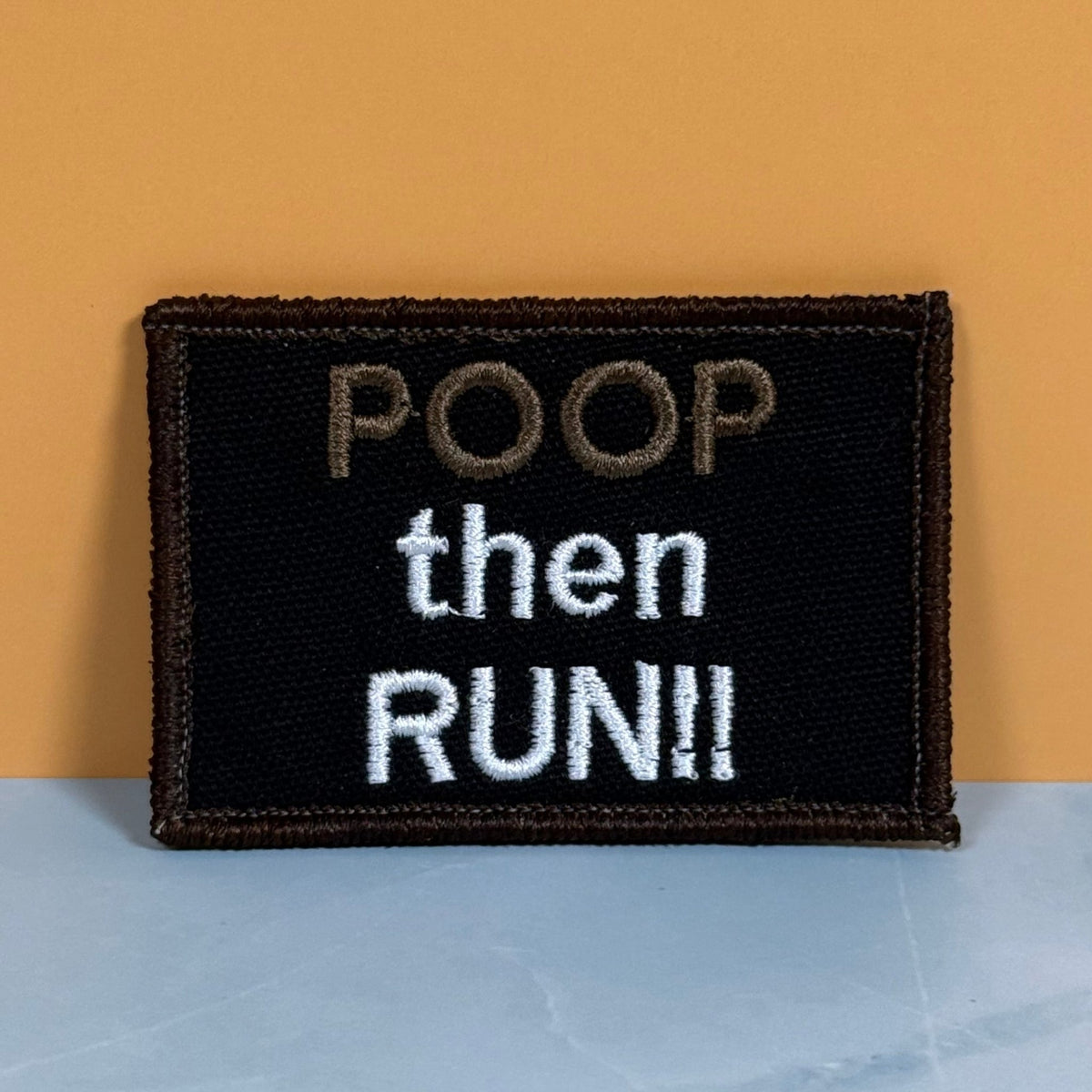 Poop Then Run Funny Morale Patch, 2x3" | Made in USA | VELCRO® Brand Hook Backing - LoneStar Adhesive