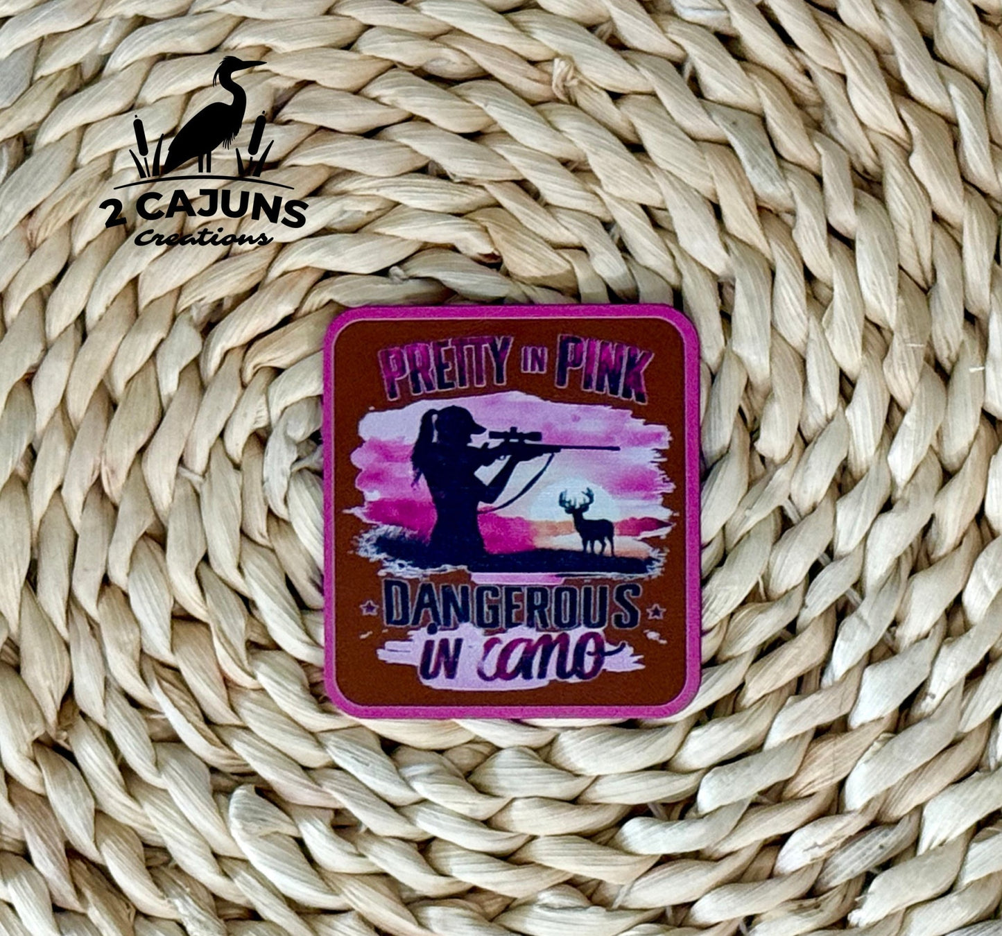 Pretty in Pink Dangerous in Camo UV Printed Leatherette Hat Patch - LoneStar Adhesive