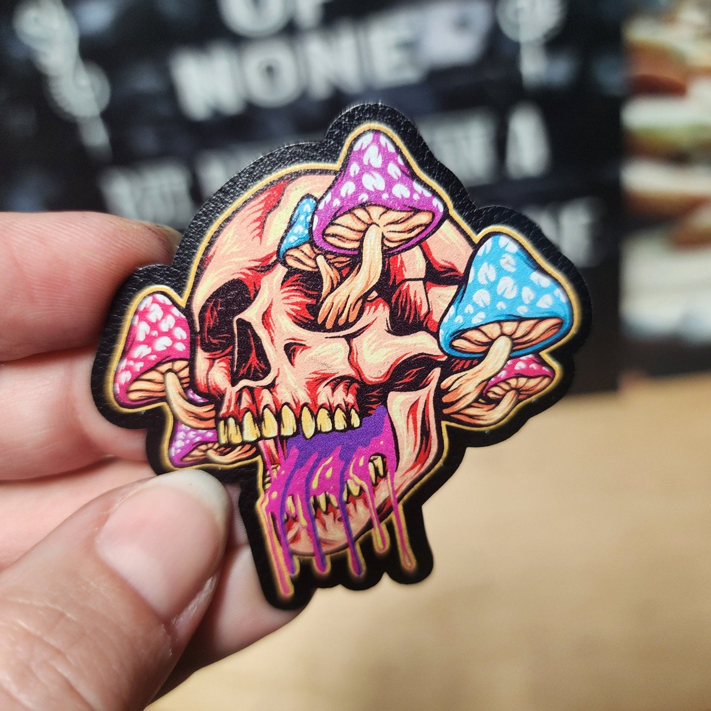 Psychedelic Skull with Mushrooms UV Printed Leatherette Hat Patch - MR01 - LoneStar Adhesive