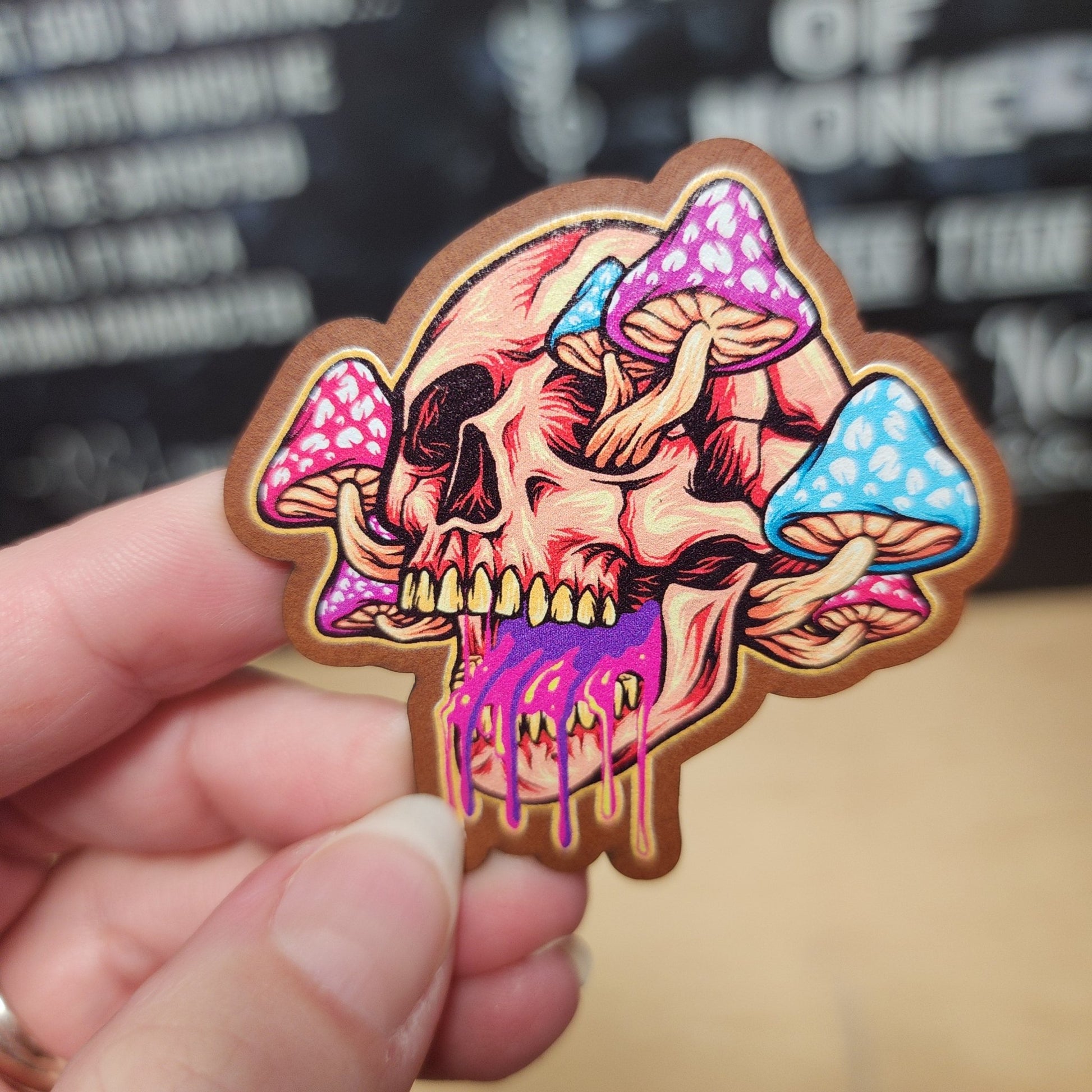 Psychedelic Skull with Mushrooms UV Printed Leatherette Hat Patch - MR01 - LoneStar Adhesive