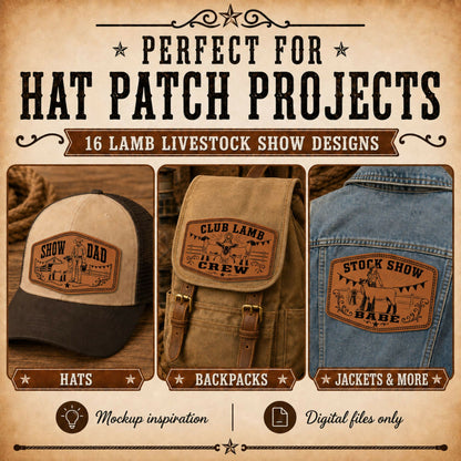 Lamb Livestock Show Hat Patch SVG Bundle, 16 Western Sheep Designs, Laser Engraving Files, XS PNG PDF