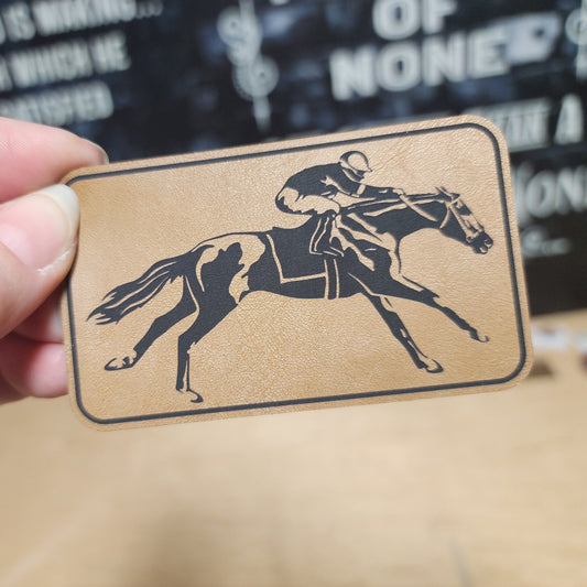 Racehorse in Full Gallop (Saddle Tan) Engraved Leatherette Hat Patch - MR01 - LoneStar Adhesive