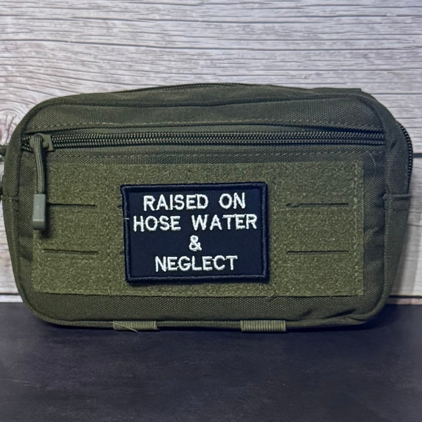 Raised on Hose Water & Neglect Funny Morale Patch, 2x3" | Made in USA | VELCRO® Brand Hook Backing - LoneStar Adhesive