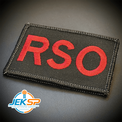 Front view of Range Safety Officer Patches & ID Panels patch in black with red RSO lettering