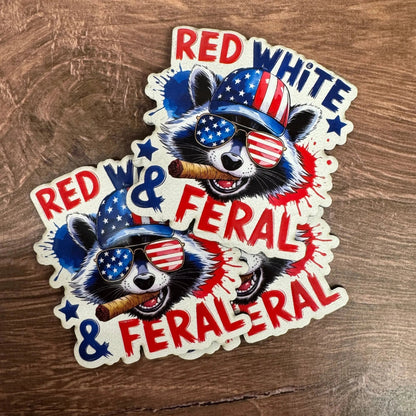 Red, White, & Feral – American Flag Raccoon | UV Printed Leather Hat Patch - LoneStar Adhesive