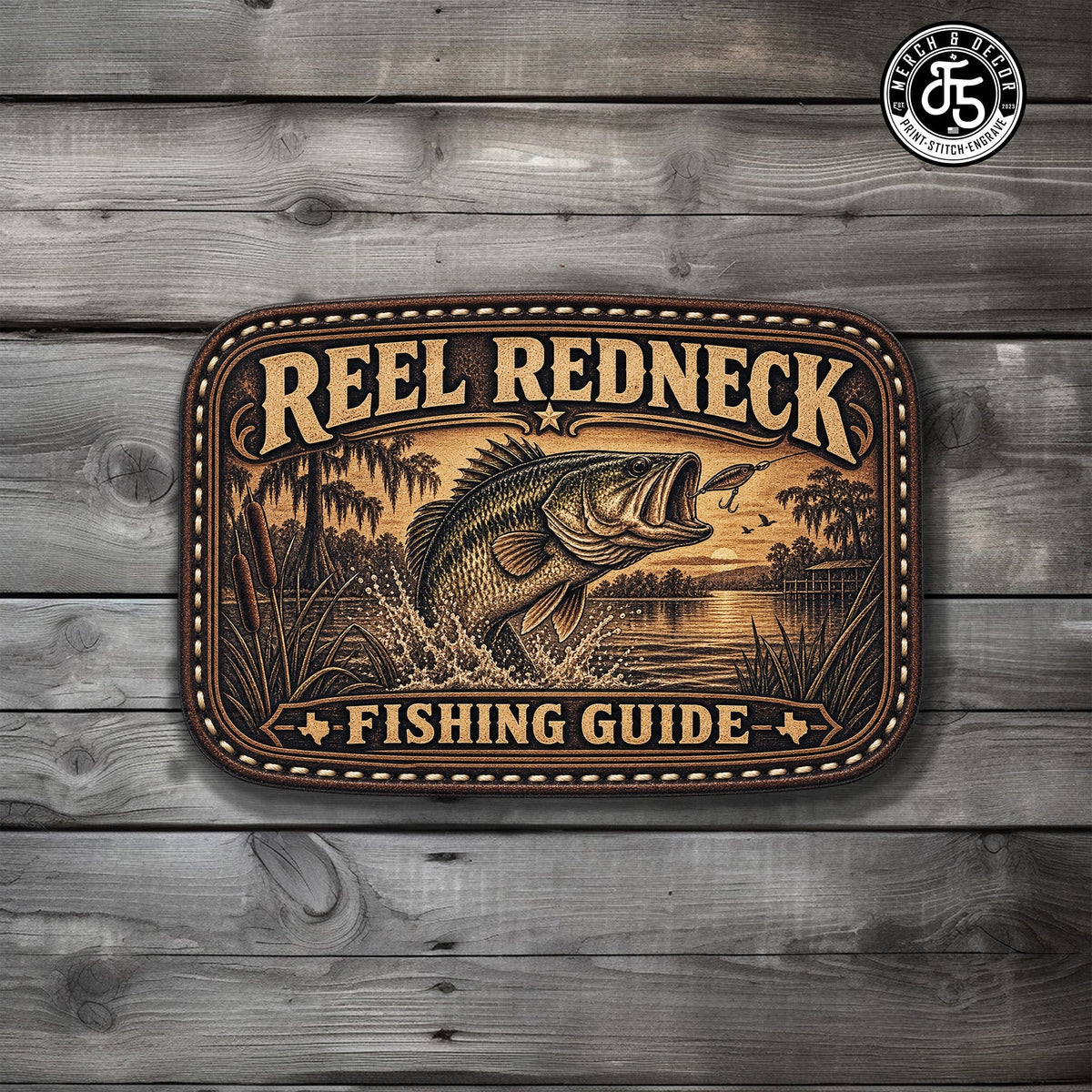 Reel Redneck Fishing Guide UV Printed Leatherette Hat Patch - LoneStar Adhesive