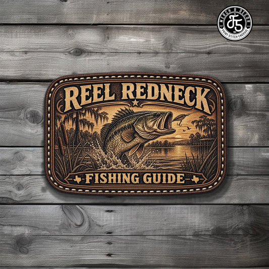 Reel Redneck Fishing Guide UV Printed Leatherette Hat Patch - LoneStar Adhesive