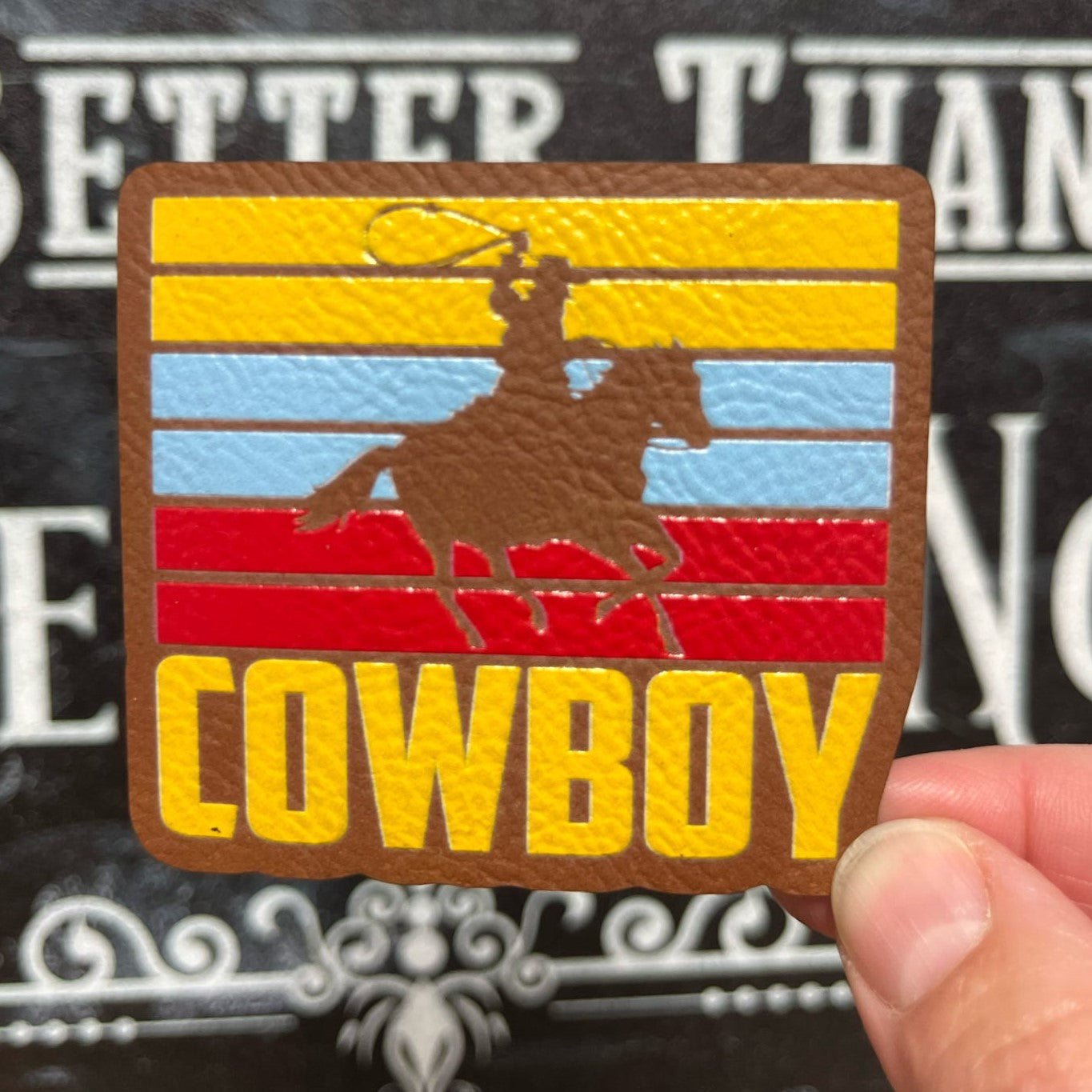 Retro Cowboy Riding Hat Patch UV Printed Leatherette Hat Patch - MR01 - LoneStar Adhesive