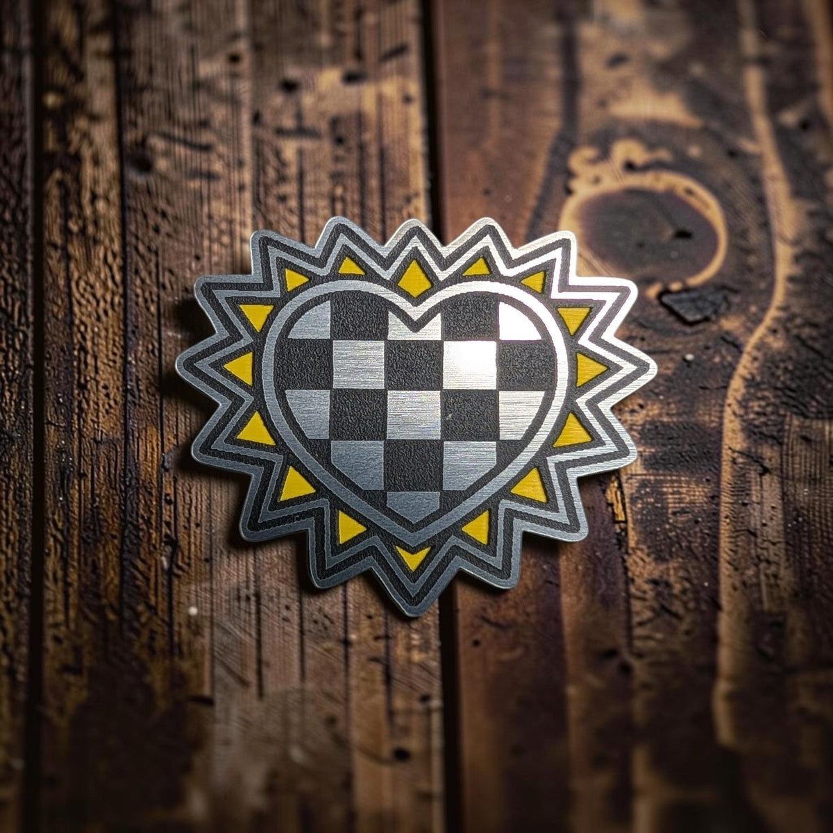 Retro Sunburst Checkered Heart Hat Patch - LoneStar Adhesive