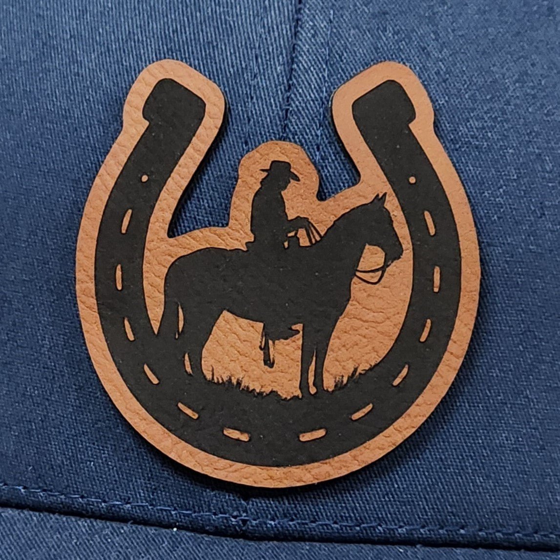 Rider on Horse in Horseshoe Engraved Leatherette Hat Patch - MR01 - LoneStar Adhesive