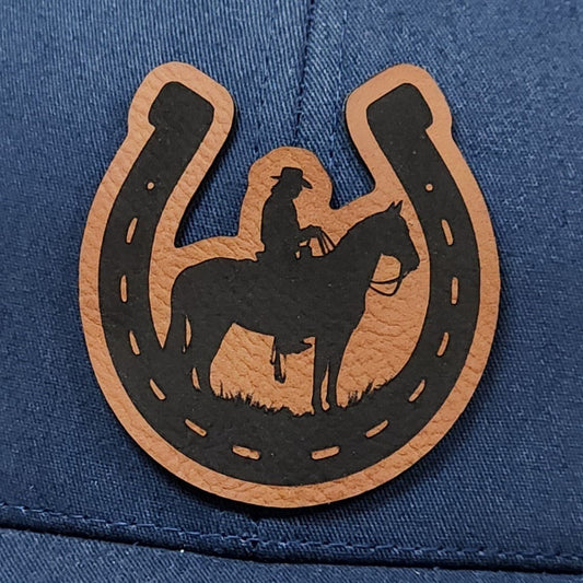 Rider on Horse in Horseshoe Engraved Leatherette Hat Patch - MR01 - LoneStar Adhesive