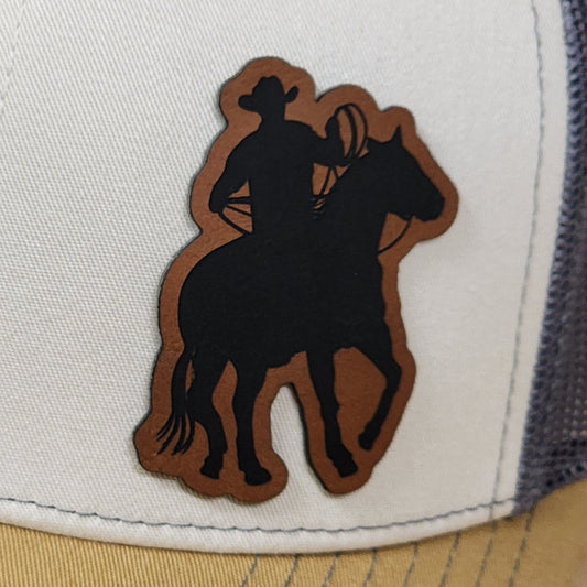 Rodeo Cowboy on Horse Engraved Leatherette Hat Patch - MR01 - LoneStar Adhesive