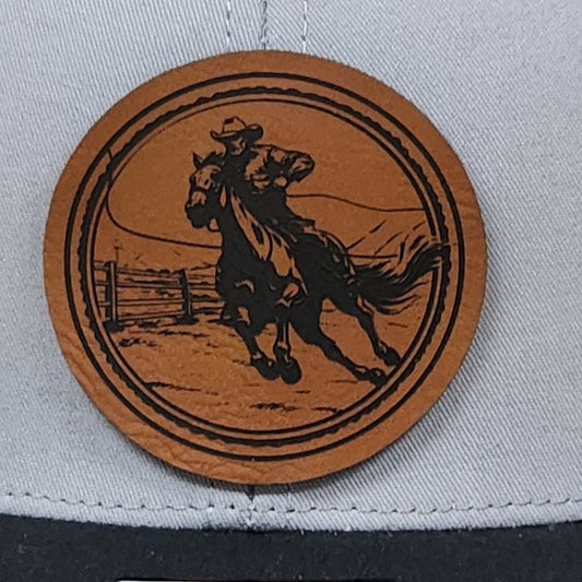 Rodeo Cowboy Riding Horse Engraved Leatherette Hat Patch - MR01 - LoneStar Adhesive