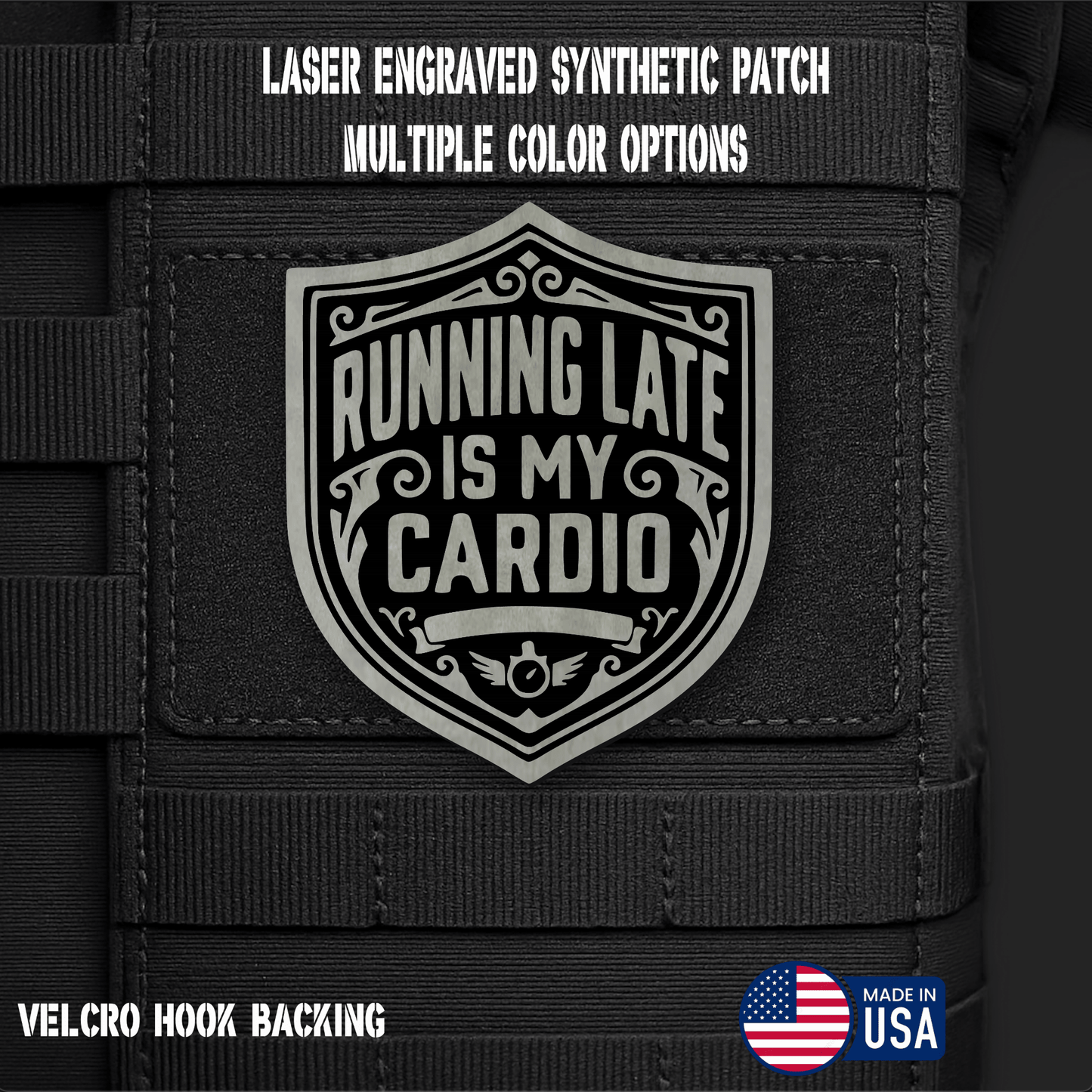 Running Late is My Cardio Funny Morale Patch | Made in USA | VELCRO® Brand Hook Backing - LoneStar Adhesive