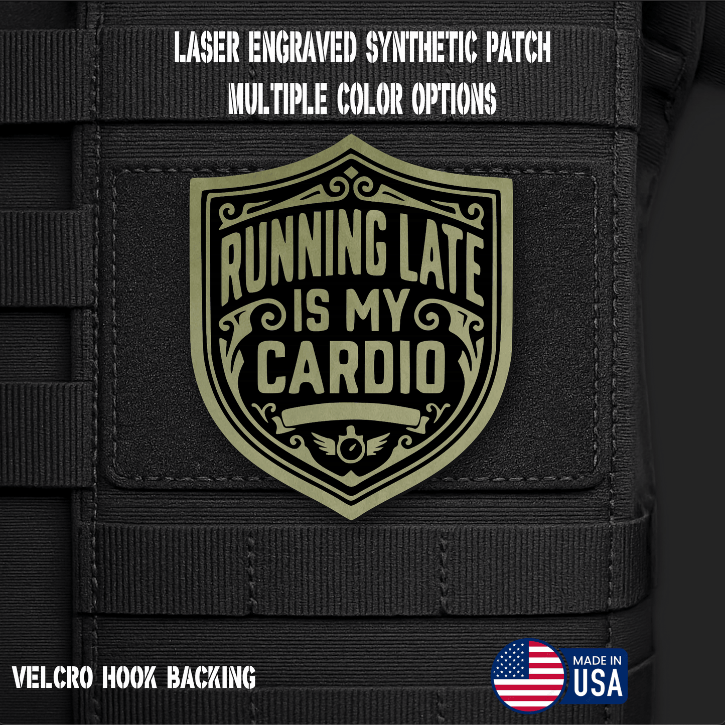 Running Late is My Cardio Funny Morale Patch | Made in USA | VELCRO® Brand Hook Backing - LoneStar Adhesive