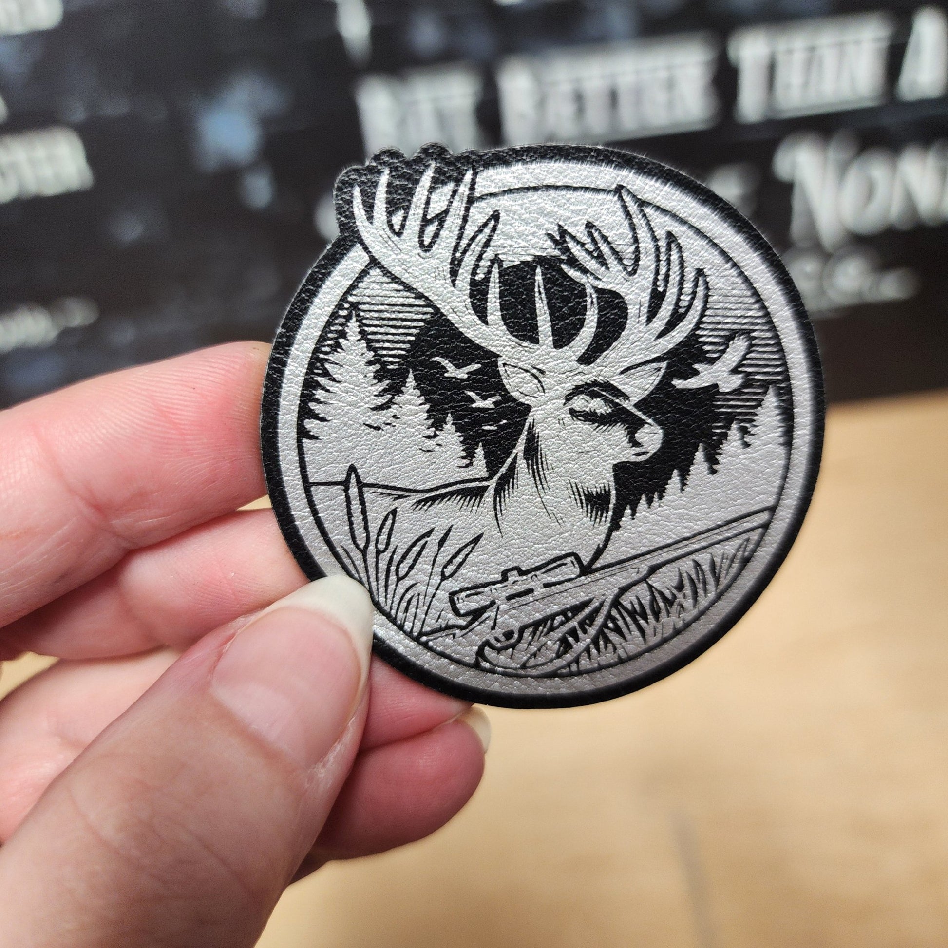 Rustic Deer Hunting Black Silver Engraved Leatherette Hat Patch - MR01 - LoneStar Adhesive