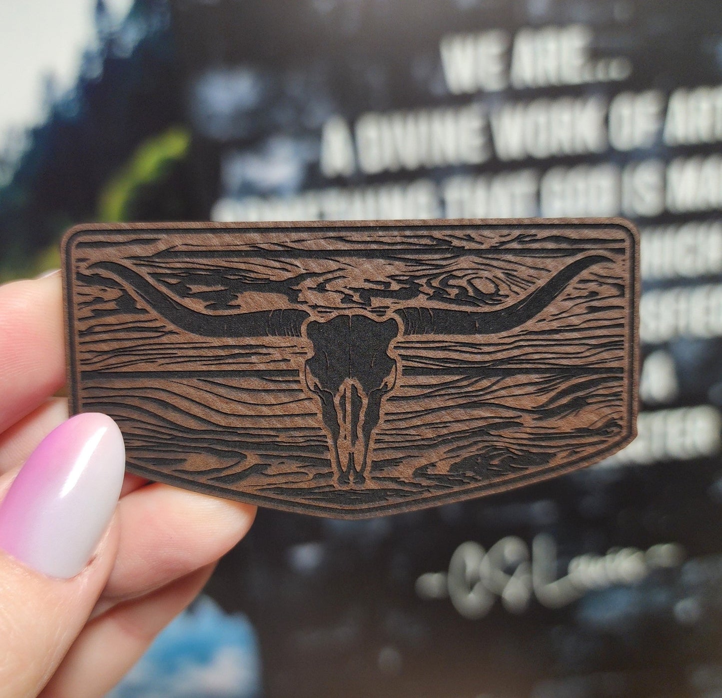 Rustic Longhorn Skull Engraved Leatherette Hat Patch - MR01 - LoneStar Adhesive