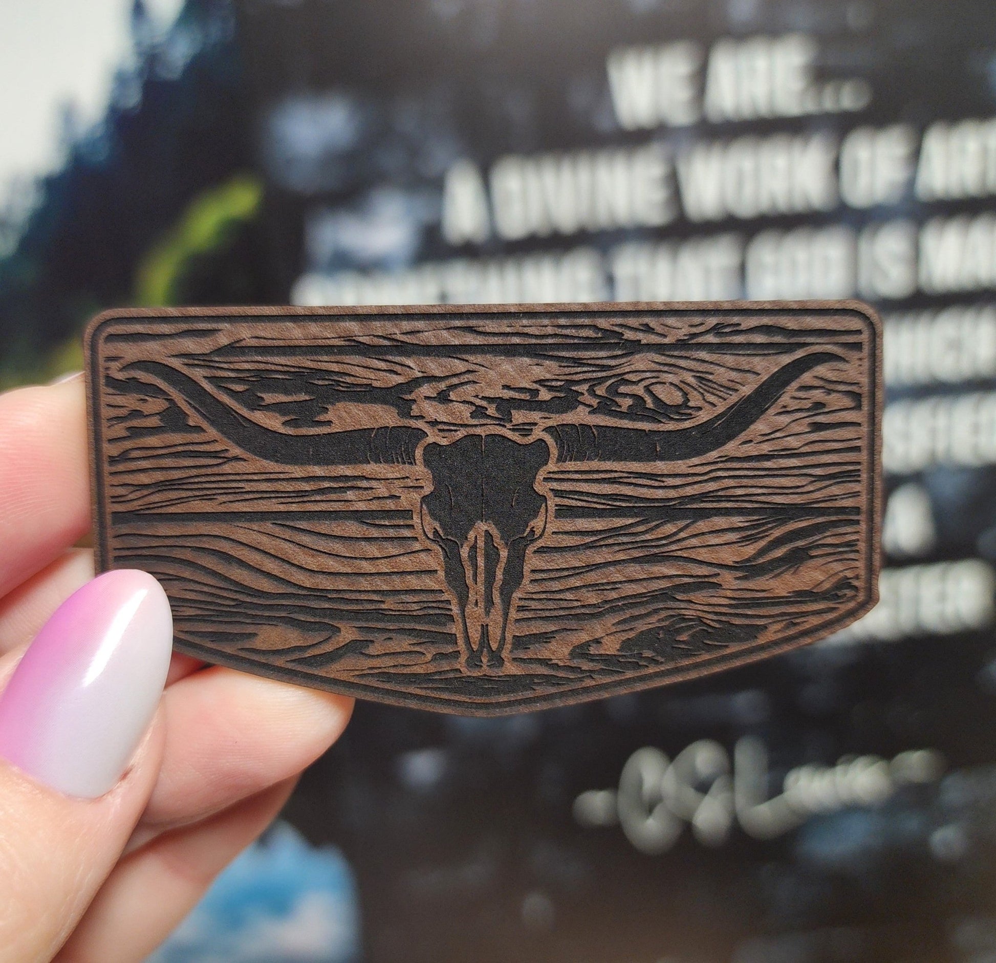 Rustic Longhorn Skull Engraved Leatherette Hat Patch - MR01 - LoneStar Adhesive